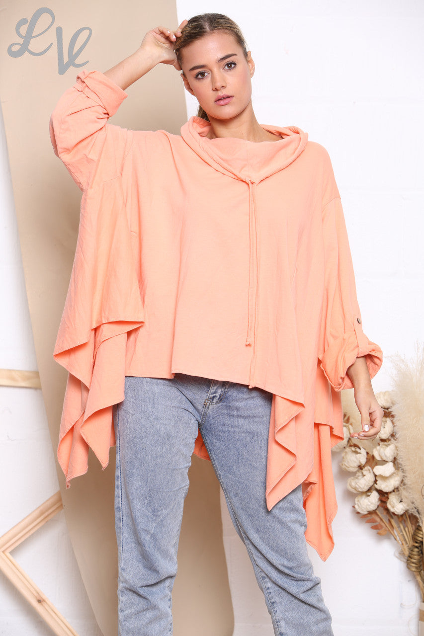 Dames sweatshirt met gedrapeerde capuchonkraag koraal