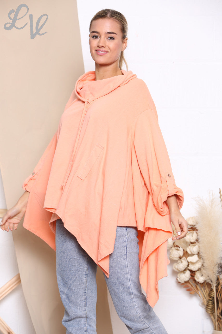 Dames sweatshirt met gedrapeerde capuchonkraag koraal