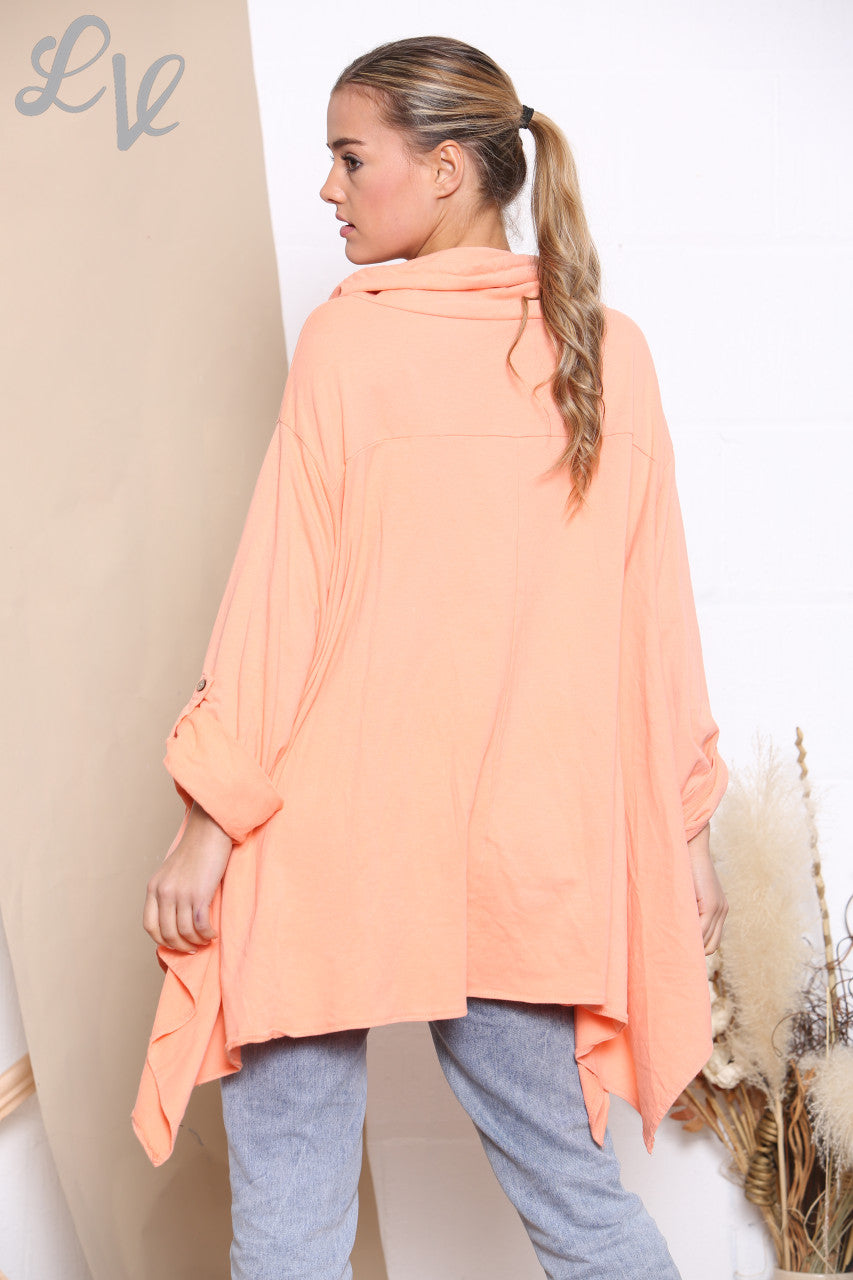 Dames sweatshirt met gedrapeerde capuchonkraag koraal
