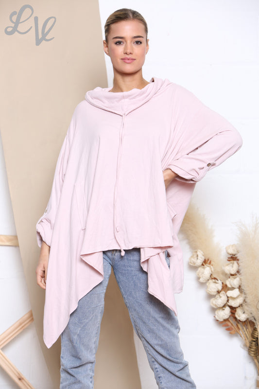 Dames sweatshirt met gedrapeerde capuchonhals in oudroze