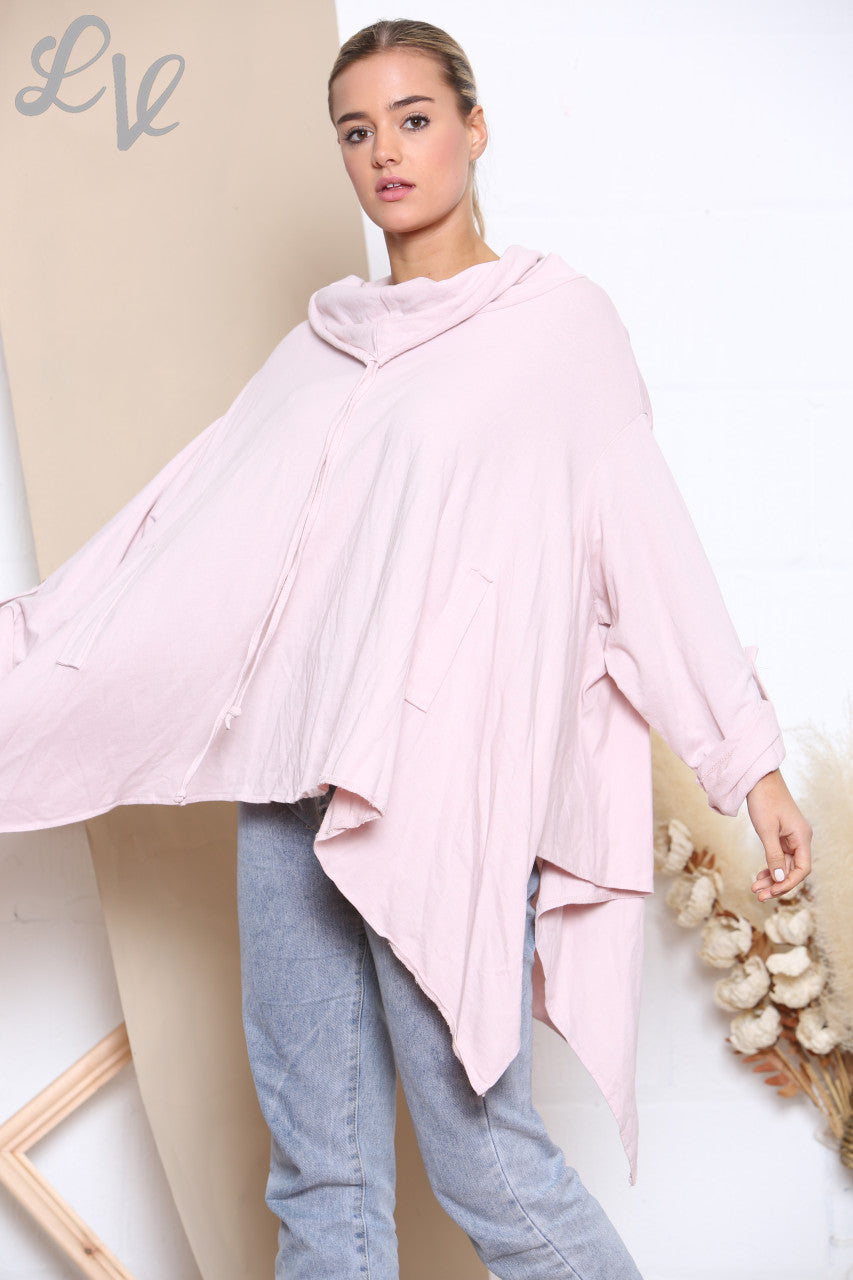 Ladies Draped Cowl Neck Sweatshirt Top Dusty Pink