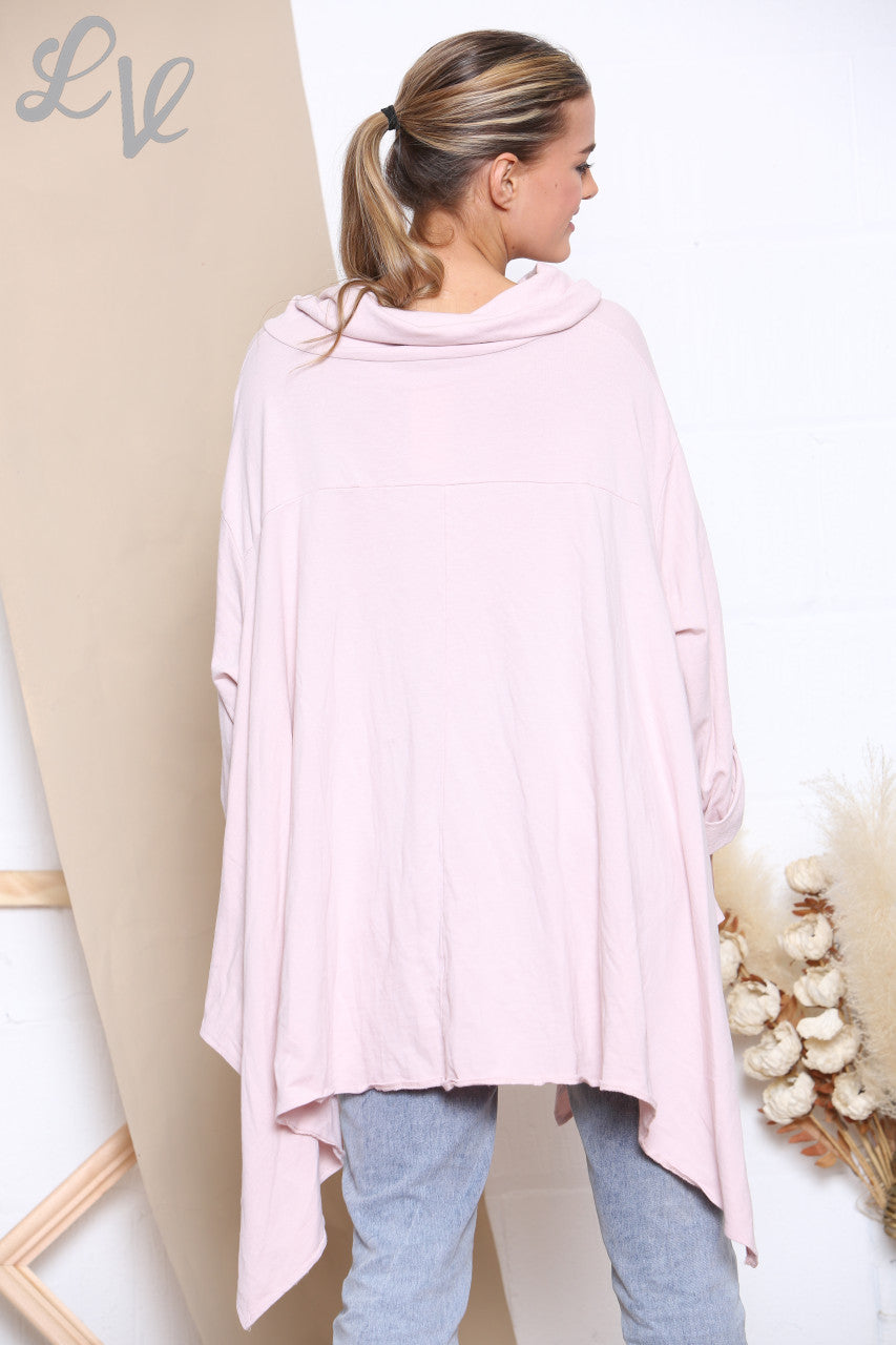 Ladies Draped Cowl Neck Sweatshirt Top Dusty Pink
