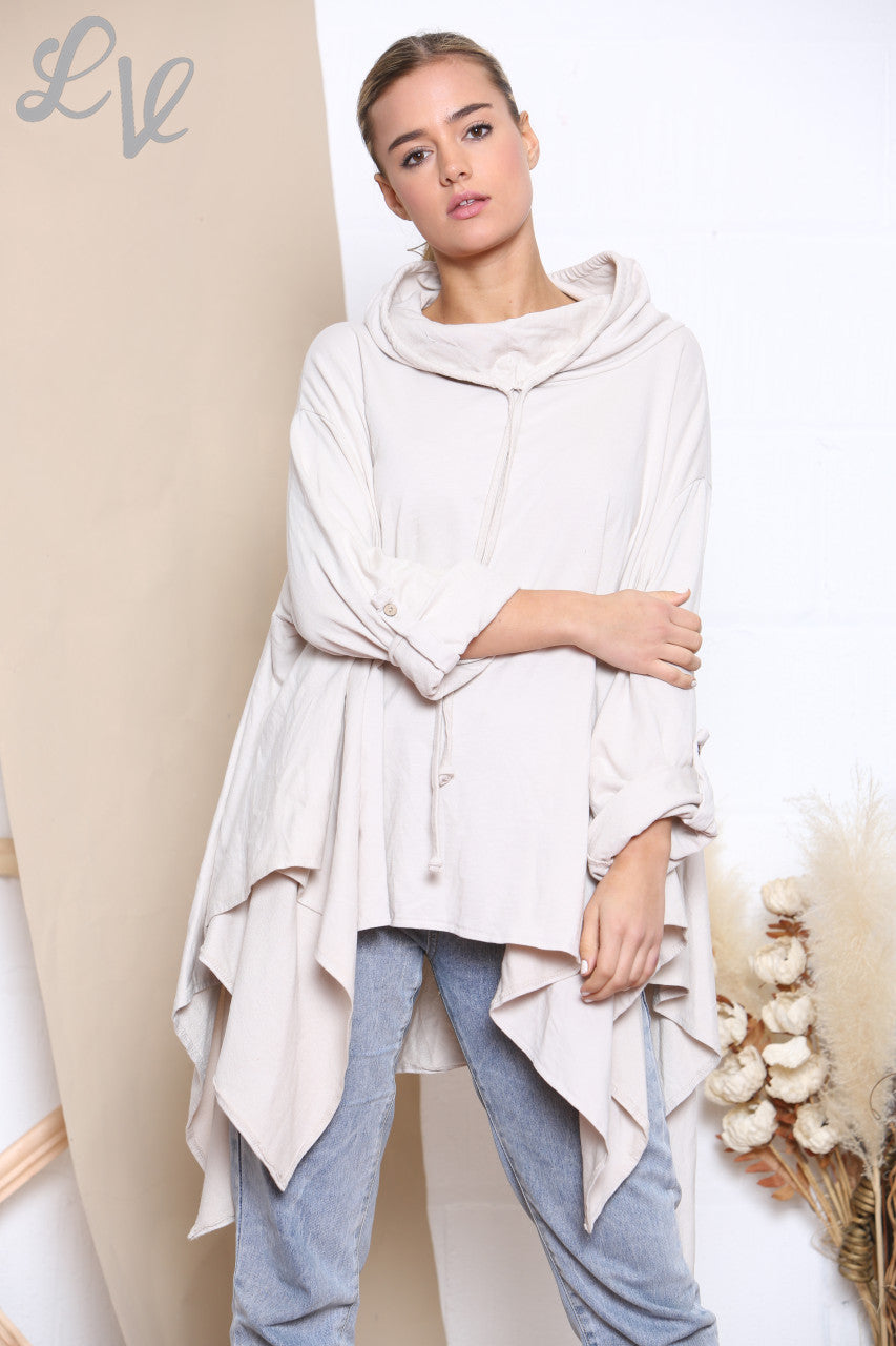 Dames sweatshirt met gedrapeerde capuchon steenkleurig