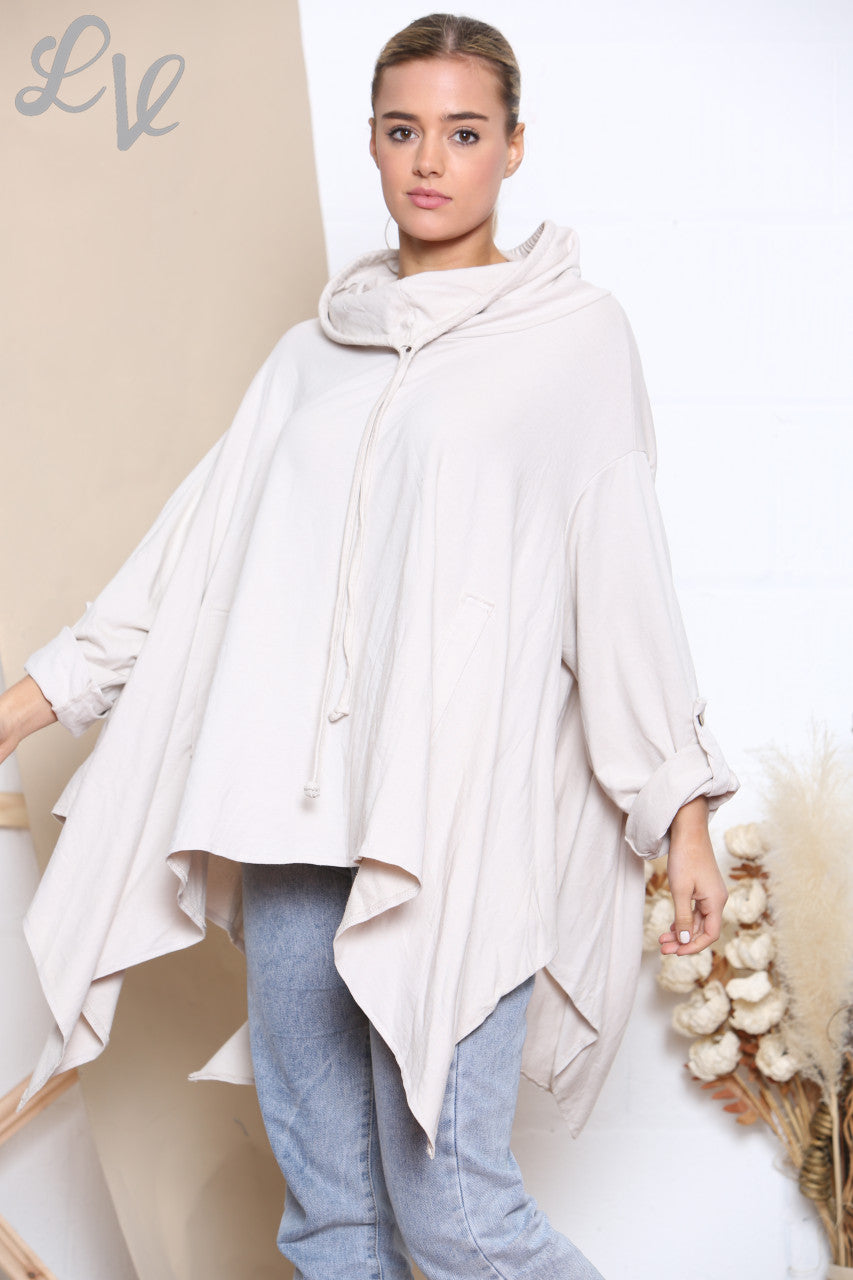 Dames sweatshirt met gedrapeerde capuchon steenkleurig
