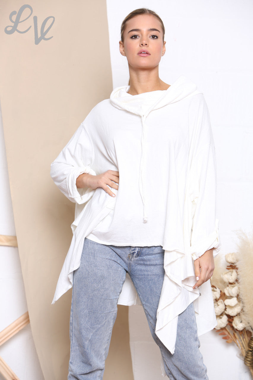 Dames sweatshirt top met gedrapeerde capuchonhals wit
