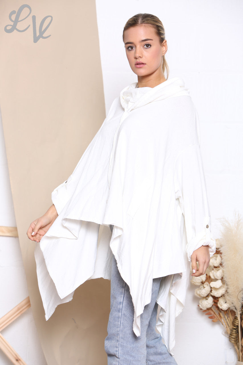 Dames sweatshirt top met gedrapeerde capuchonhals wit