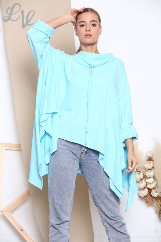 Dames gedrapeerd sweatshirt met colkraag turquoise