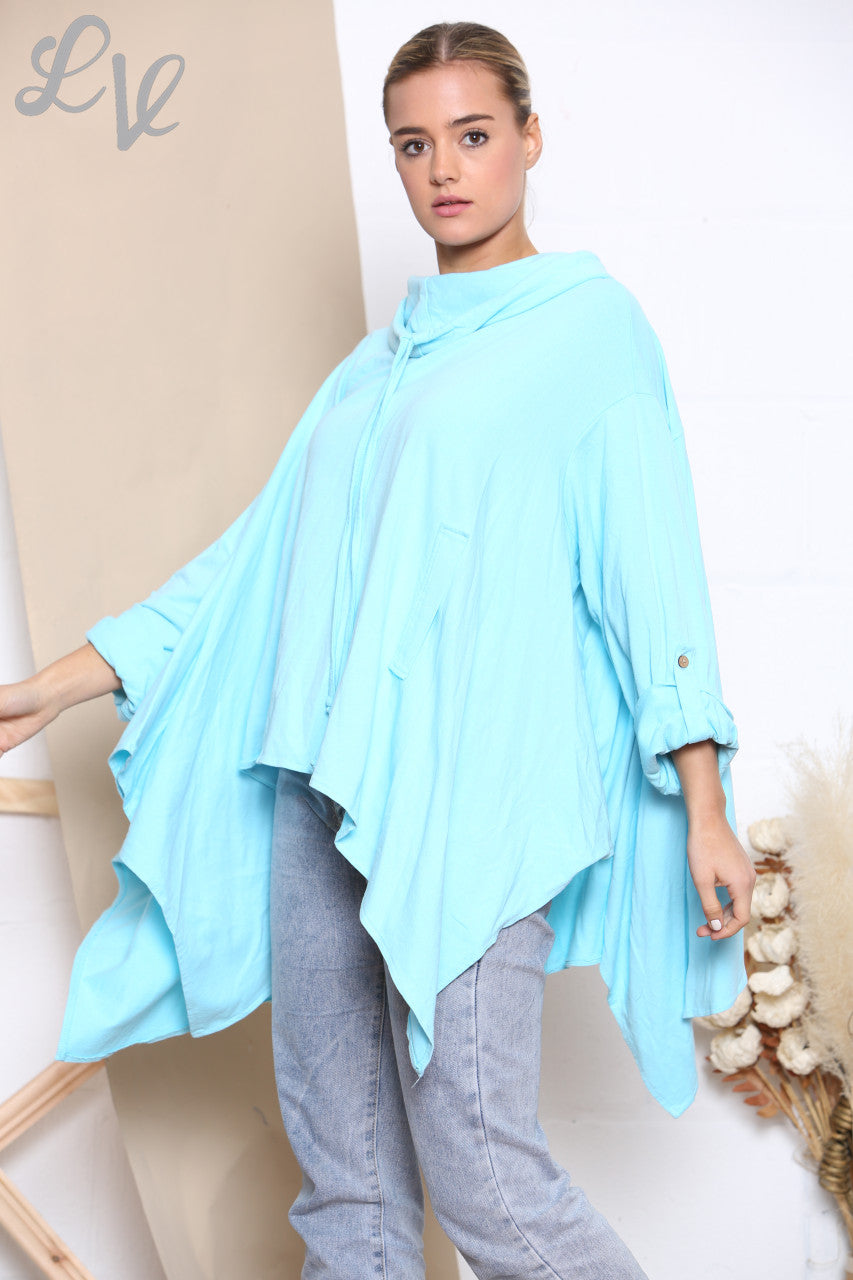Ladies Draped Cowl Neck Sweatshirt Top Turquoise