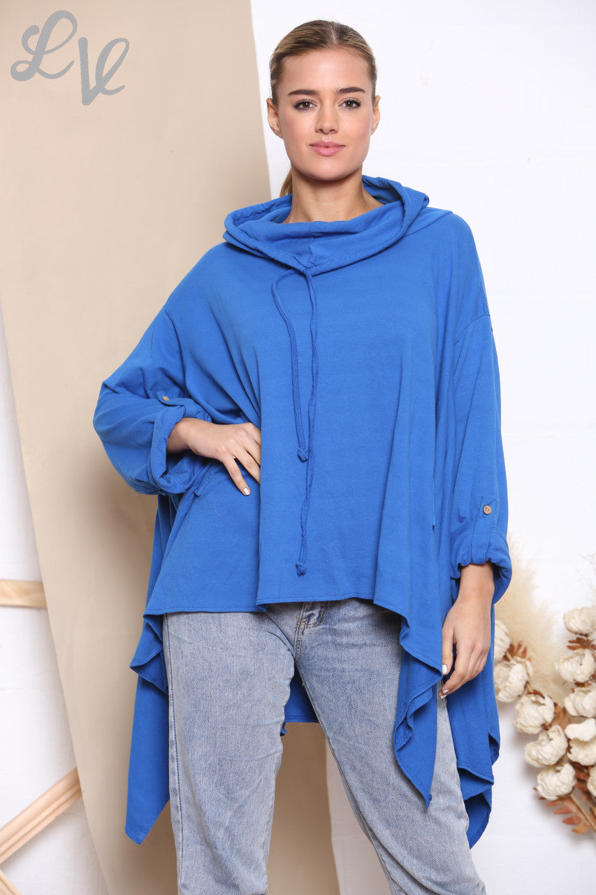 Dames Sweatshirt Top met Gedrapeerde Cowl Neck Koningsblauw