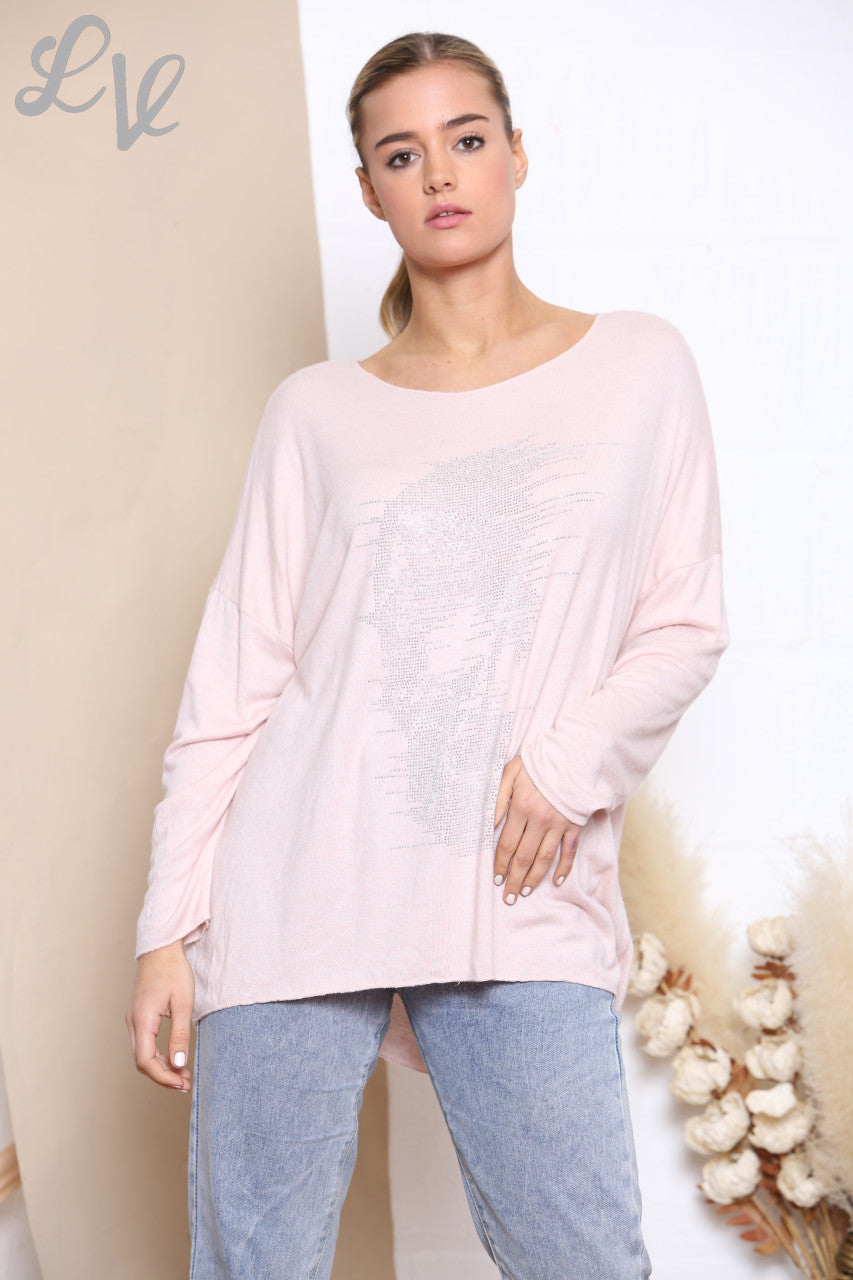 Ladies Sequin Face Fine Knit Jumper Top Dusty Pink