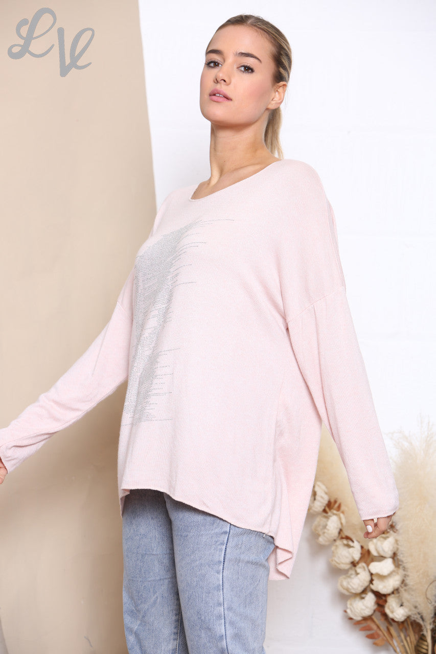 Ladies Sequin Face Fine Knit Jumper Top Dusty Pink