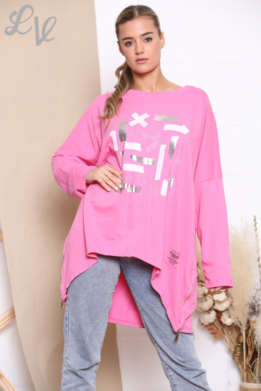 Ladies Shapes Print Graphic Sweatshirt Top Cerise