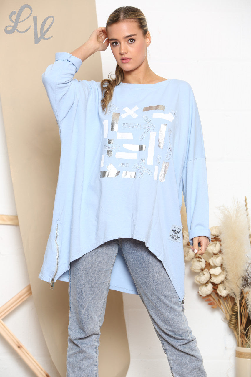 Ladies Shapes Print Graphic Sweatshirt Top Sky Blue