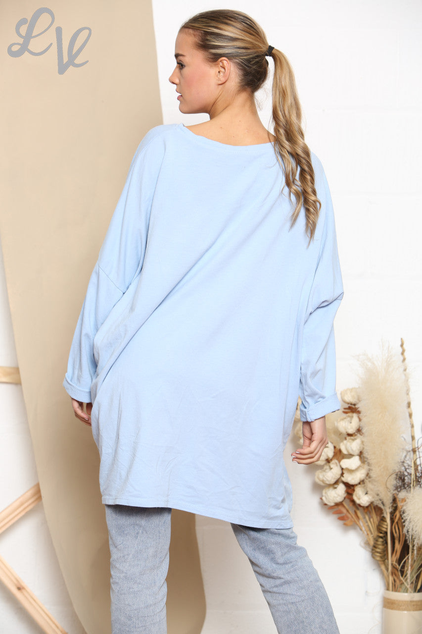 Ladies Shapes Print Graphic Sweatshirt Top Sky Blue
