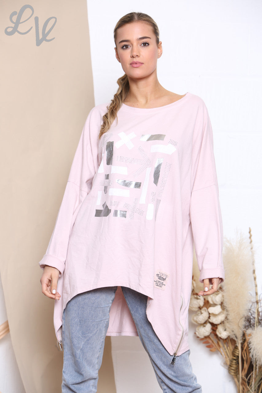 Ladies Shapes Print Graphic Sweatshirt Top Dusty Pink