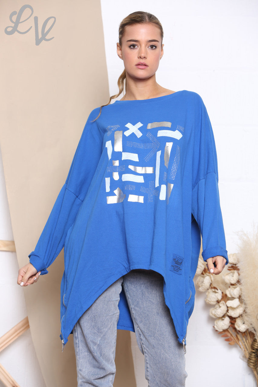Ladies Shapes Print Graphic Sweatshirt Top Royal Blue