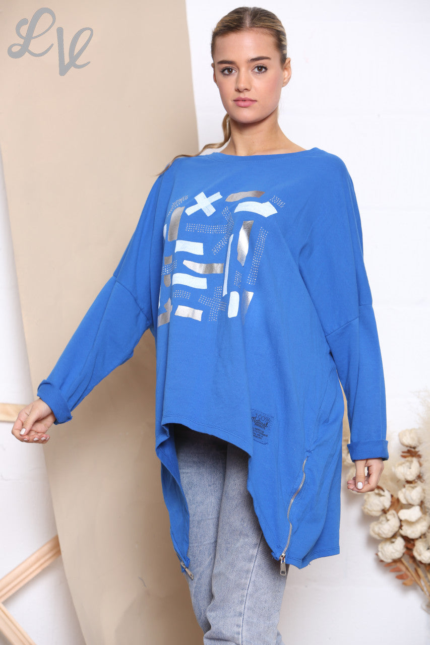 Ladies Shapes Print Graphic Sweatshirt Top Royal Blue