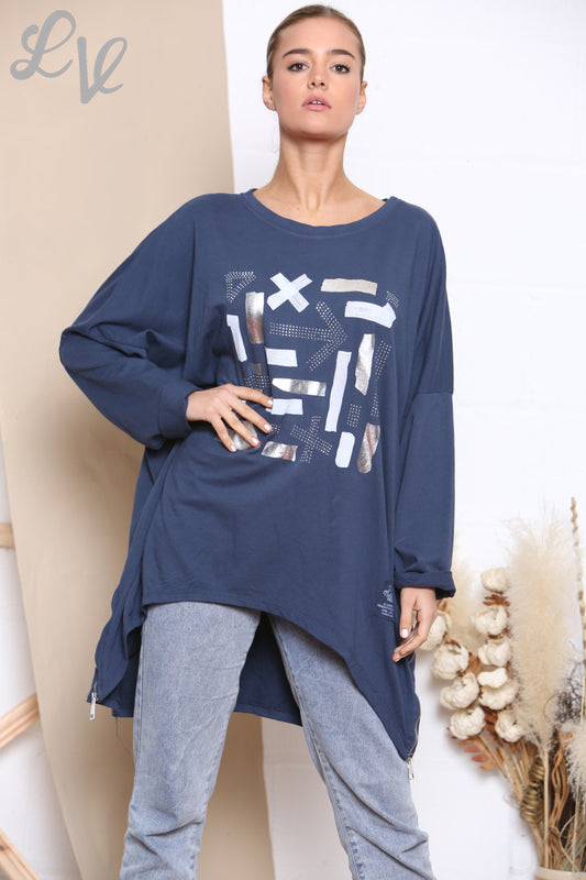 Dames Sweatshirt Top Marineblauw met Vormenprint