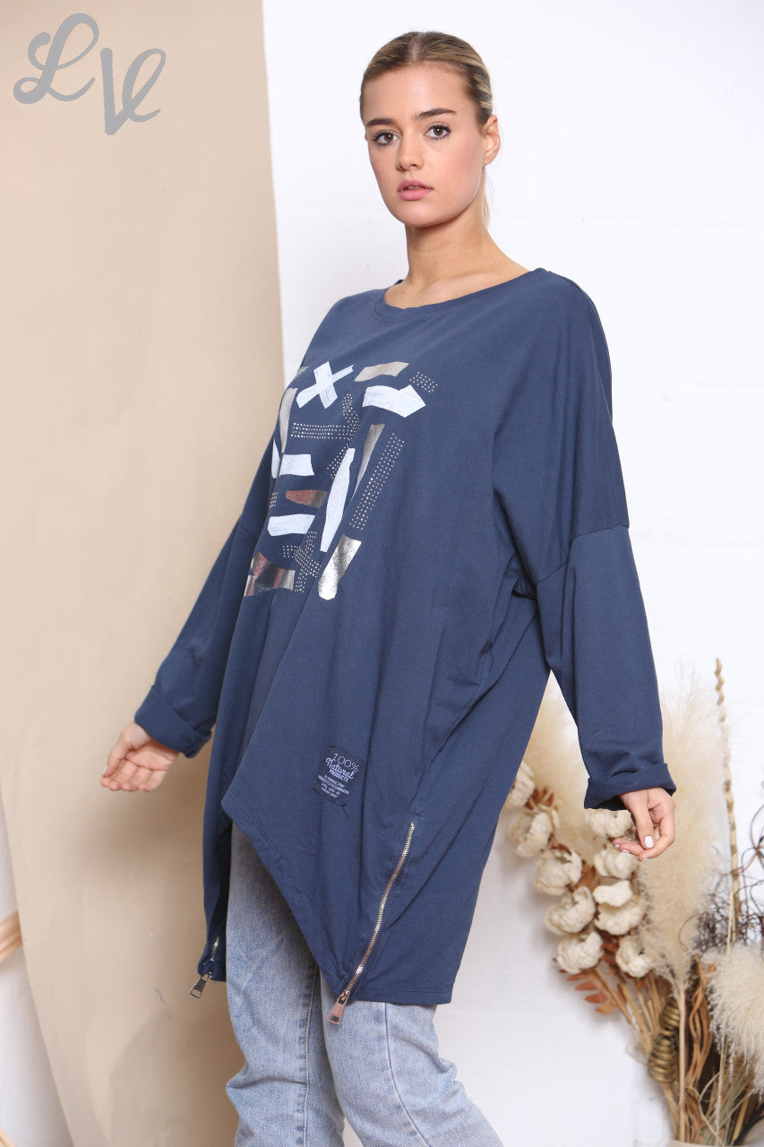 Dames Sweatshirt Top Marineblauw met Vormenprint