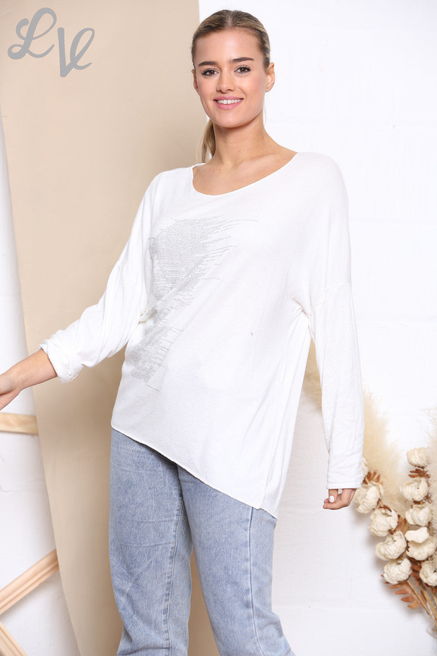 Ladies Sequin Face Fine Knit Jumper Top White