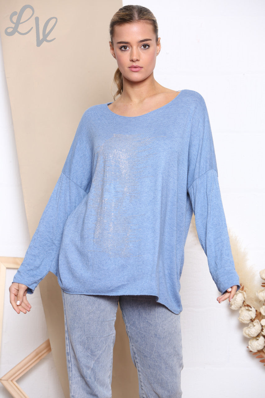 Dames Paillet Gezicht Fijne Gebreide Trui Top Denim