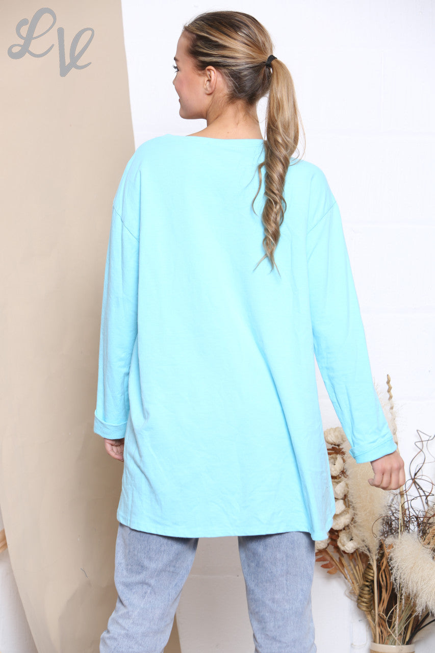 Ladies Checked Patchwork Pocket Sweatshirt Top Turquoise