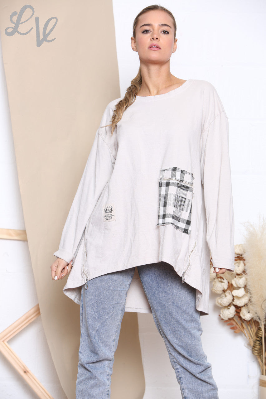 Dames Sweatshirt Top met Ruitpatroon, Patchwork en Zakken Steenkleur