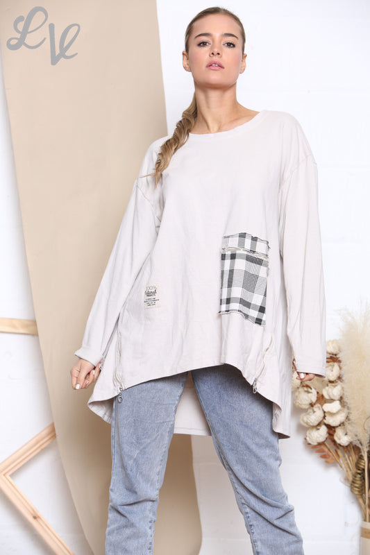 Dames Sweatshirt Top met Ruitpatroon, Patchwork en Zakken Steenkleur