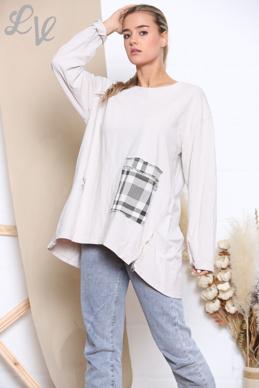 Dames Sweatshirt Top met Ruitpatroon, Patchwork en Zakken Steenkleur