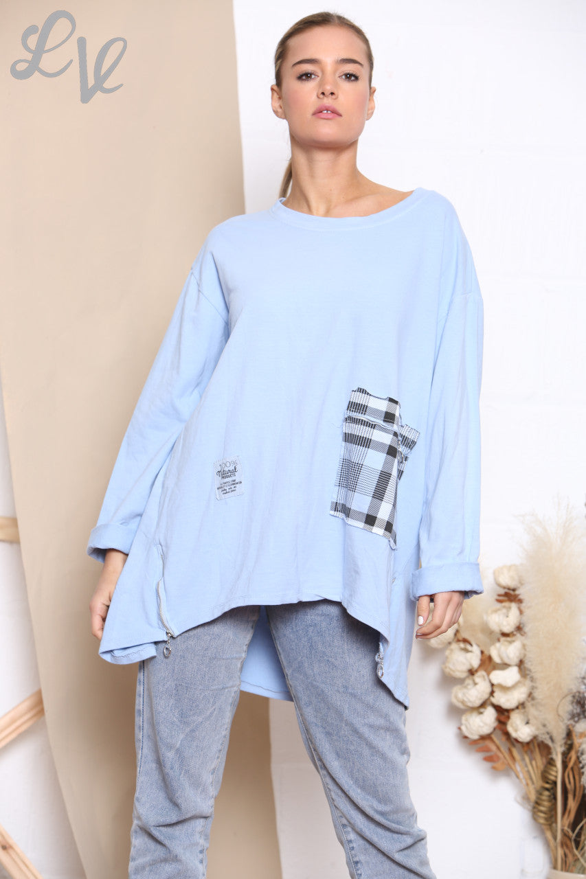 Dames Geruit Patchwork Sweatshirt met Zak Top Hemelsblauw