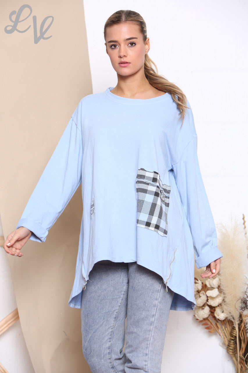 Dames Geruit Patchwork Sweatshirt met Zak Top Hemelsblauw