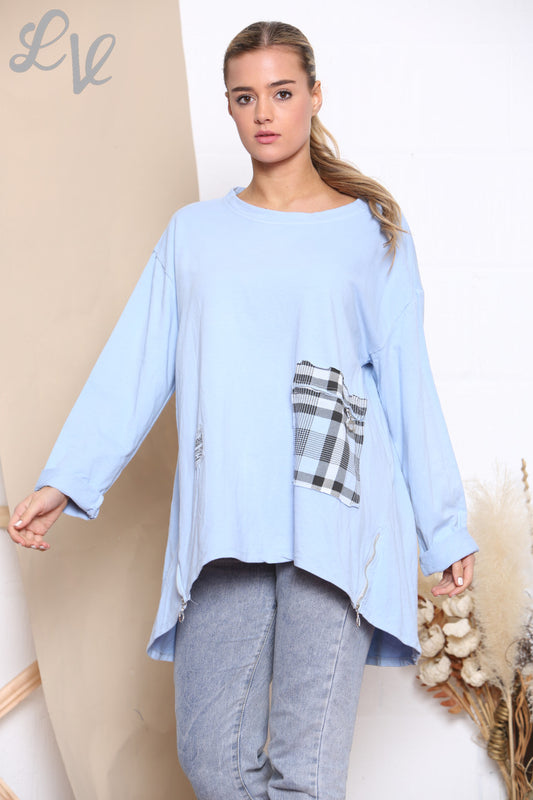 Dames Geruit Patchwork Sweatshirt met Zak Top Hemelsblauw
