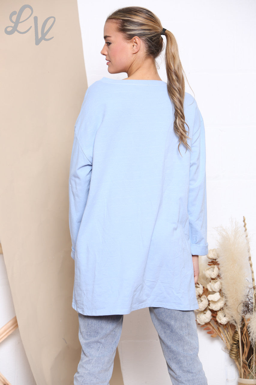 Dames Geruit Patchwork Sweatshirt met Zak Top Hemelsblauw