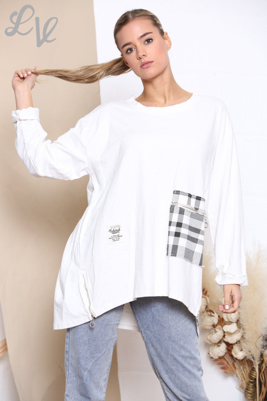 Ladies Checked Patchwork Pocket Sweatshirt Top White