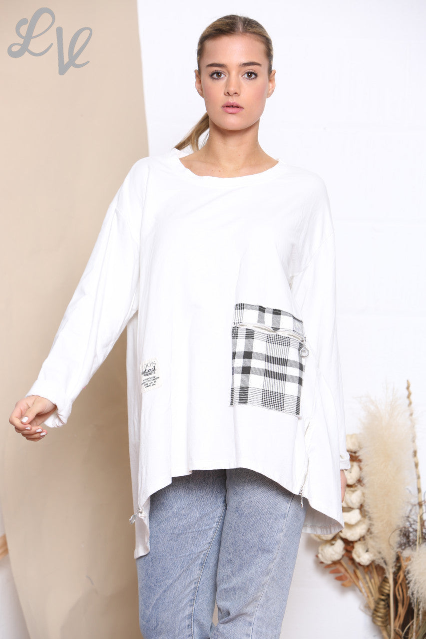 Ladies Checked Patchwork Pocket Sweatshirt Top White