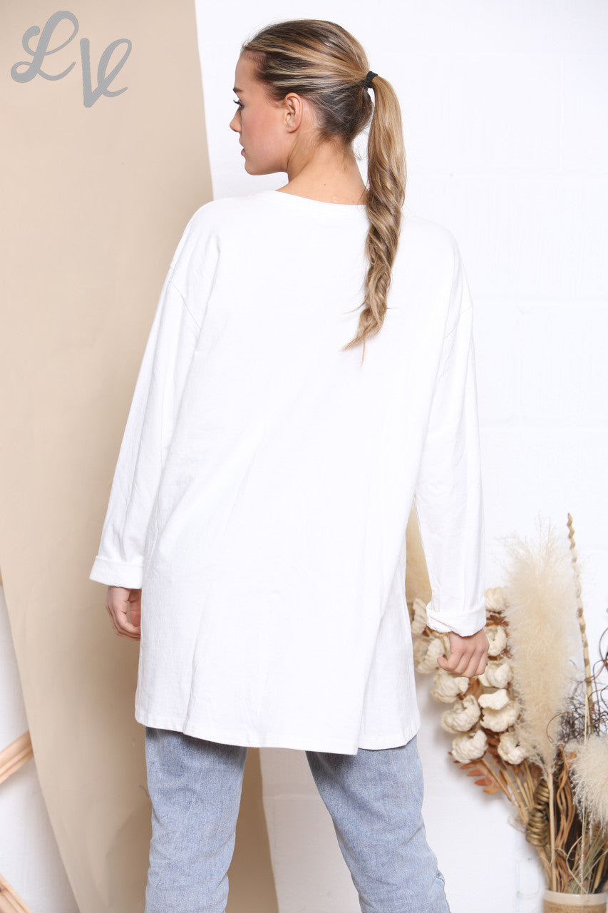 Ladies Checked Patchwork Pocket Sweatshirt Top White
