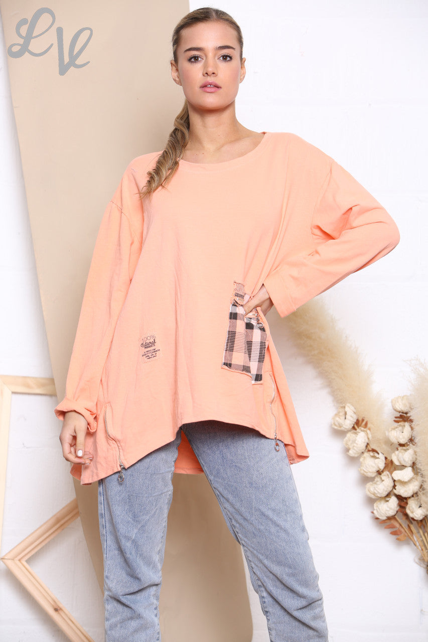 Ladies Checked Patchwork Pocket Sweatshirt Top Coral