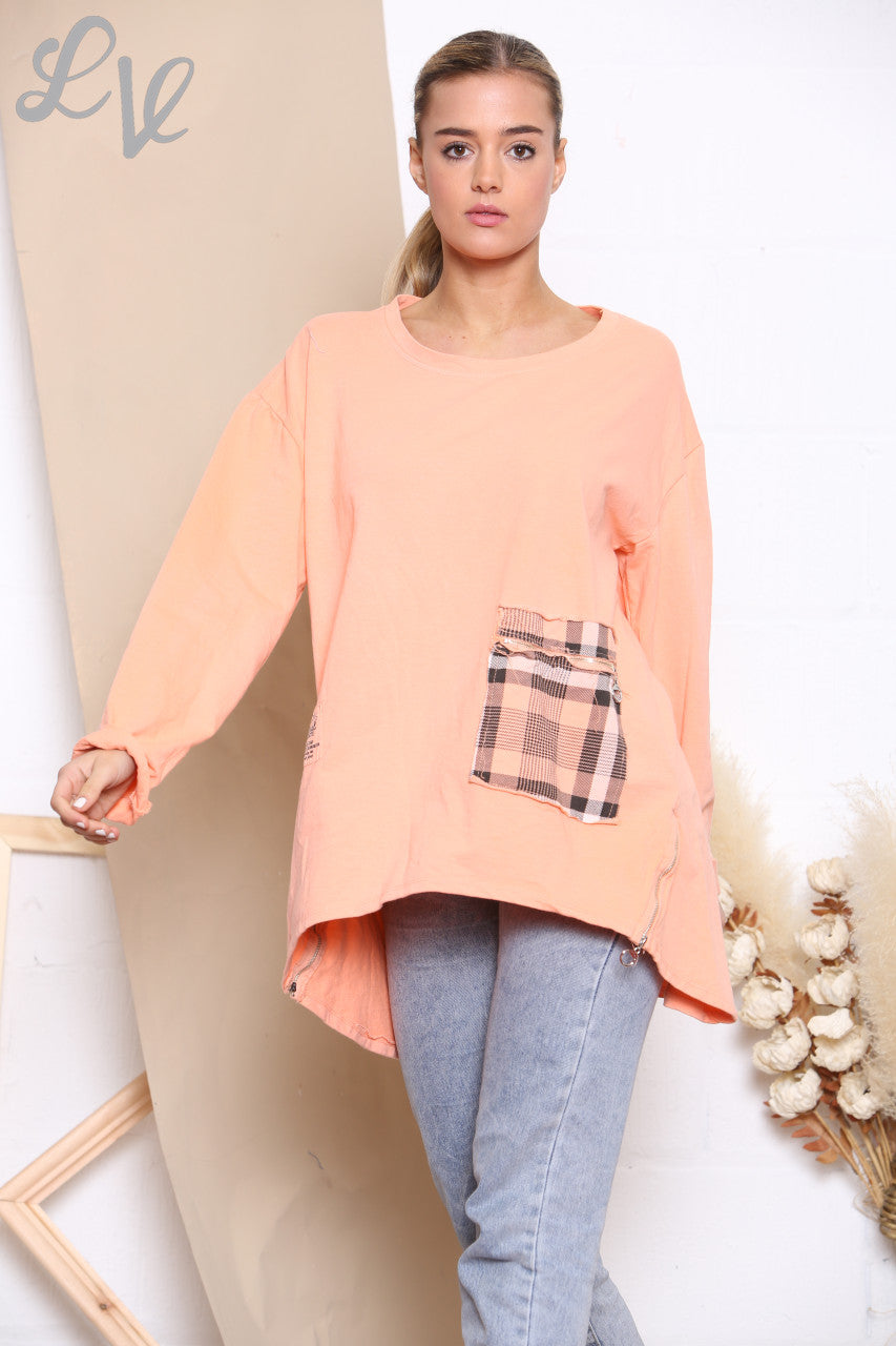 Ladies Checked Patchwork Pocket Sweatshirt Top Coral