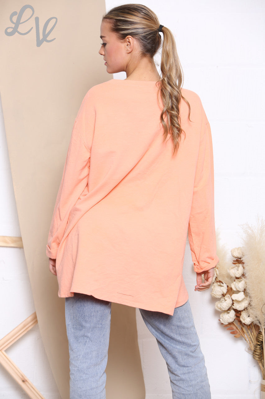 Ladies Checked Patchwork Pocket Sweatshirt Top Coral