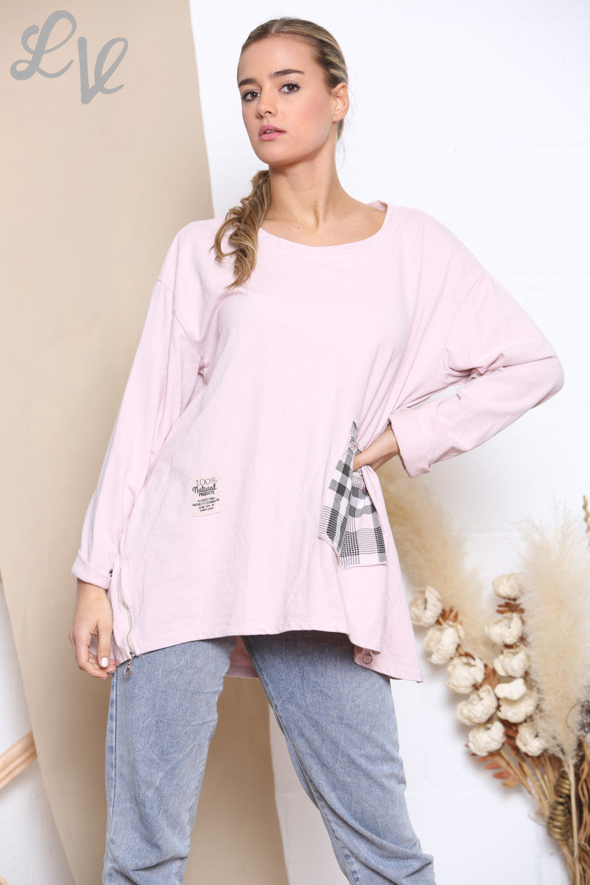 Dames Geruit Patchwork Sweatshirt Top met Zakken Stoffig Roze