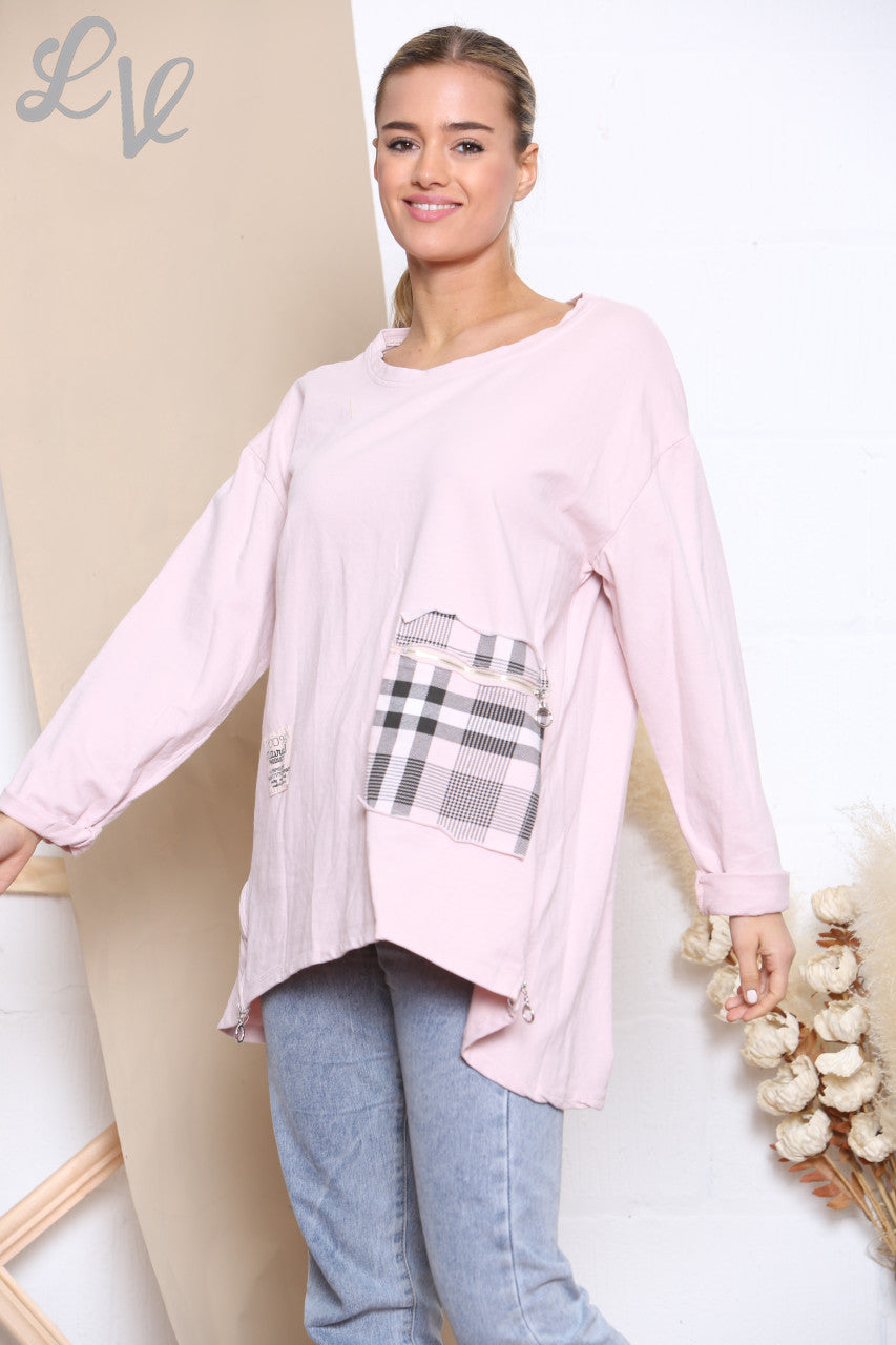 Dames Geruit Patchwork Sweatshirt Top met Zakken Stoffig Roze