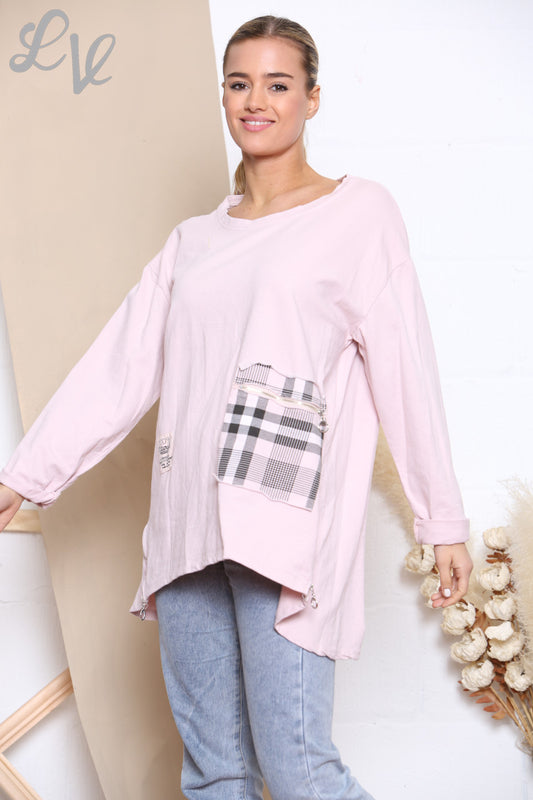 Dames Geruit Patchwork Sweatshirt Top met Zakken Stoffig Roze