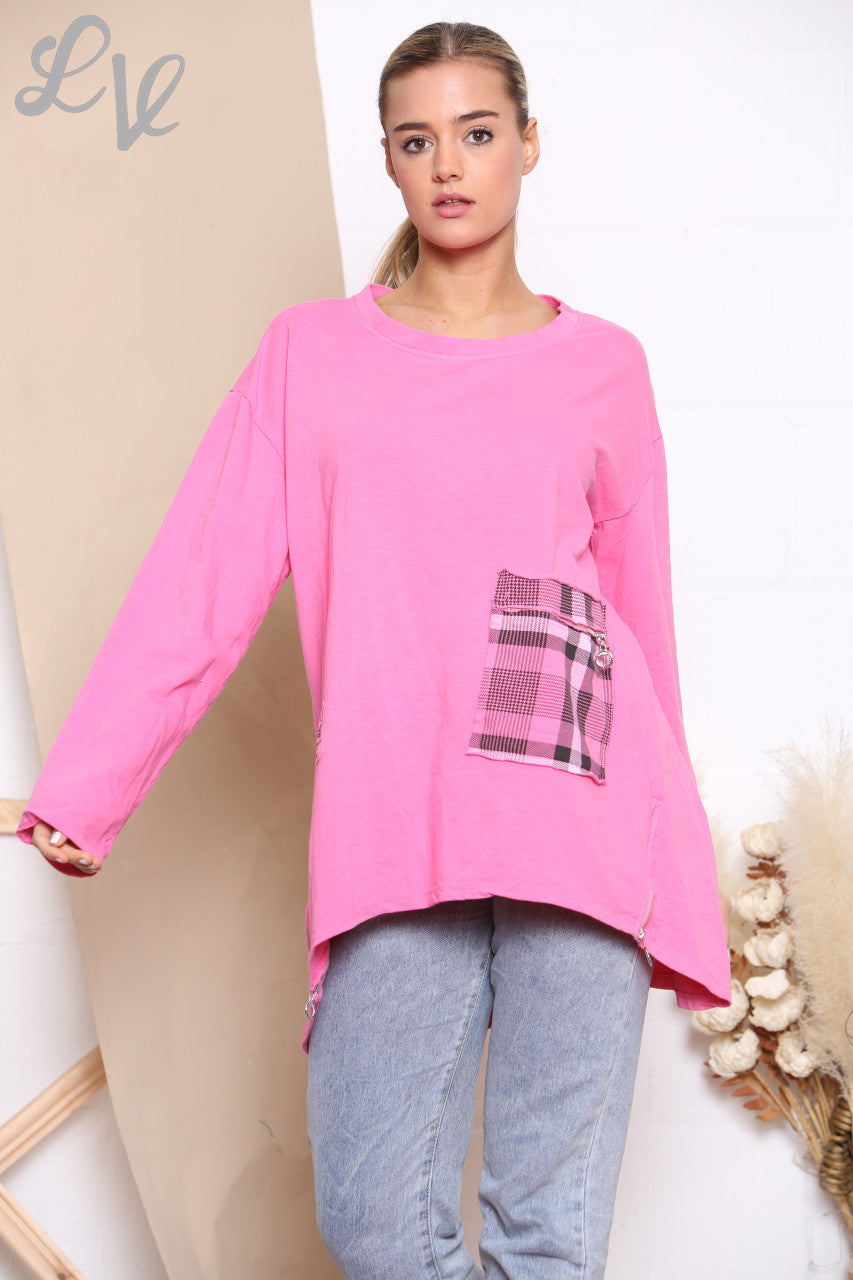 Ladies Checked Patchwork Pocket Sweatshirt Top Cerise