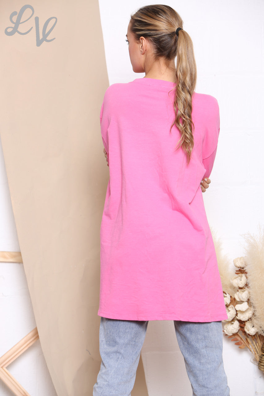 Ladies Checked Patchwork Pocket Sweatshirt Top Cerise