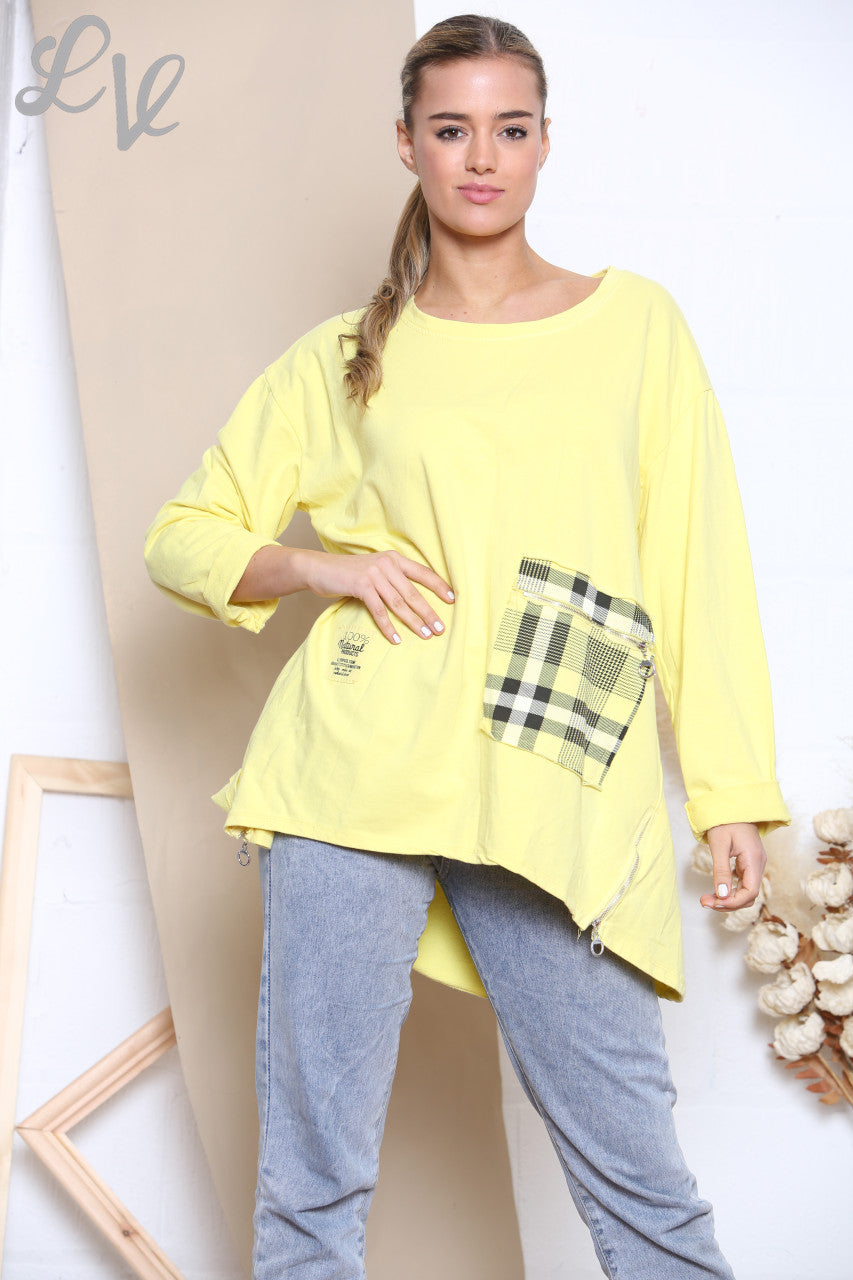 Ladies Checked Patchwork Pocket Sweatshirt Top Lemon
