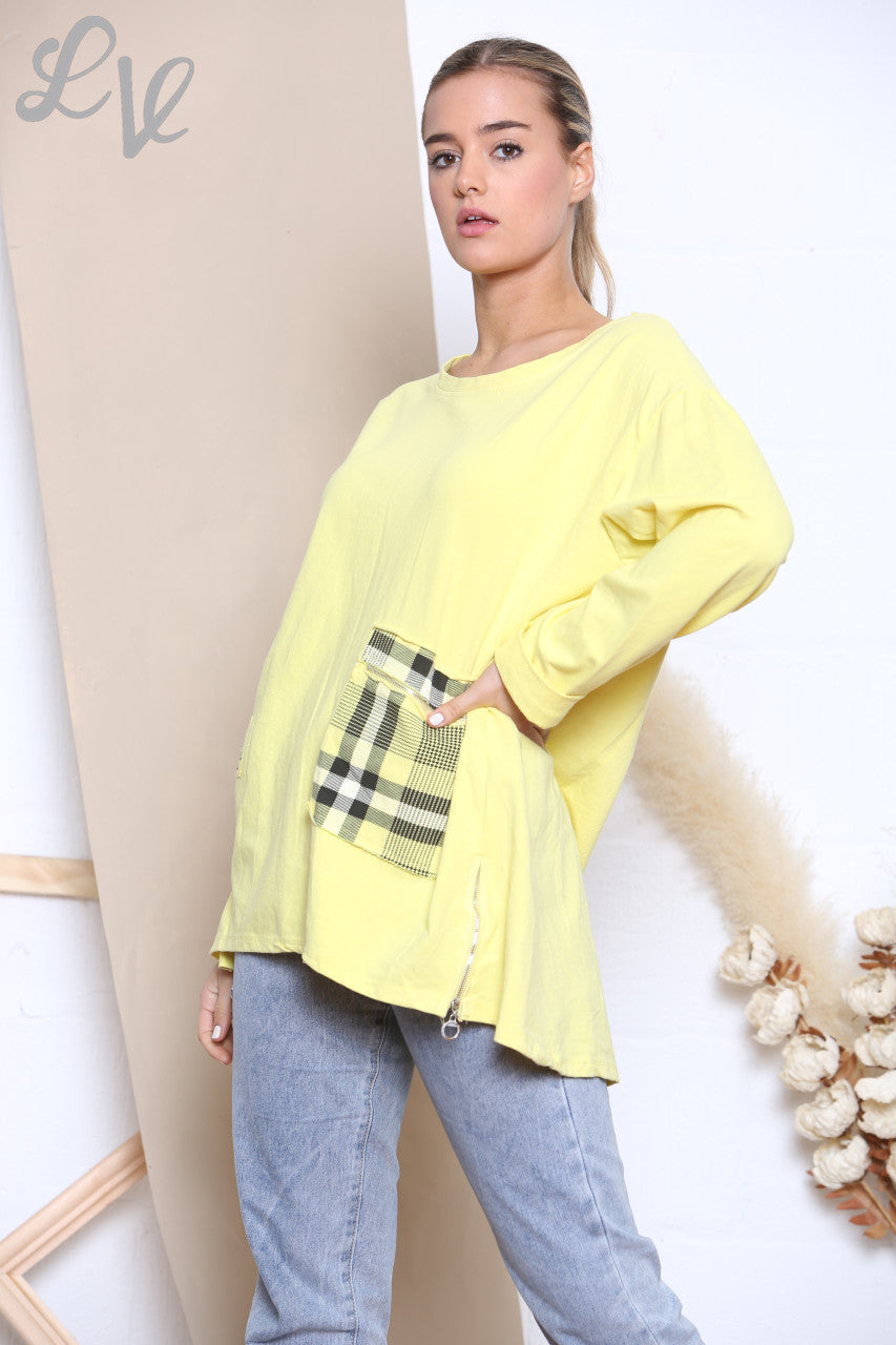 Ladies Checked Patchwork Pocket Sweatshirt Top Lemon