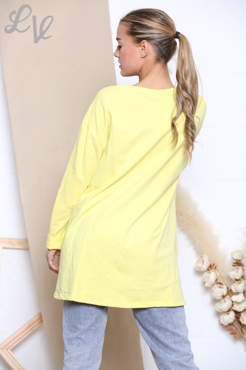 Ladies Checked Patchwork Pocket Sweatshirt Top Lemon