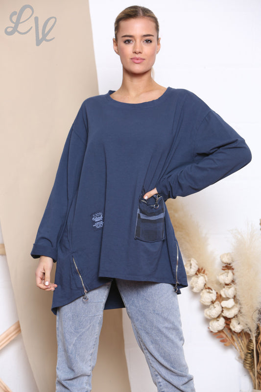 Dames geruit patchwork sweatshirt met zakje marineblauw