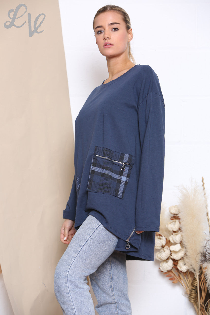 Ladies Checked Patchwork Pocket Sweatshirt Top Navy