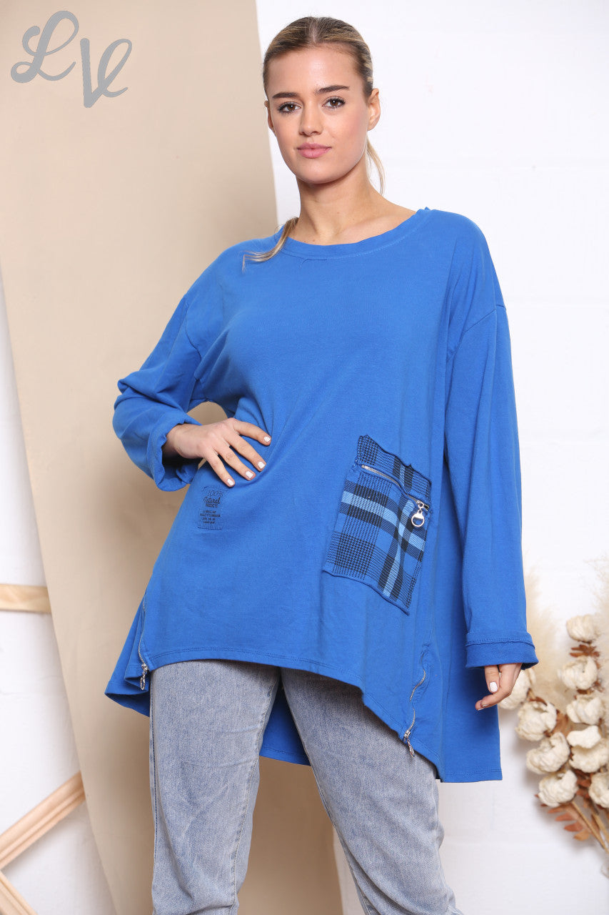 Ladies Checked Patchwork Pocket Sweatshirt Top Royal Blue